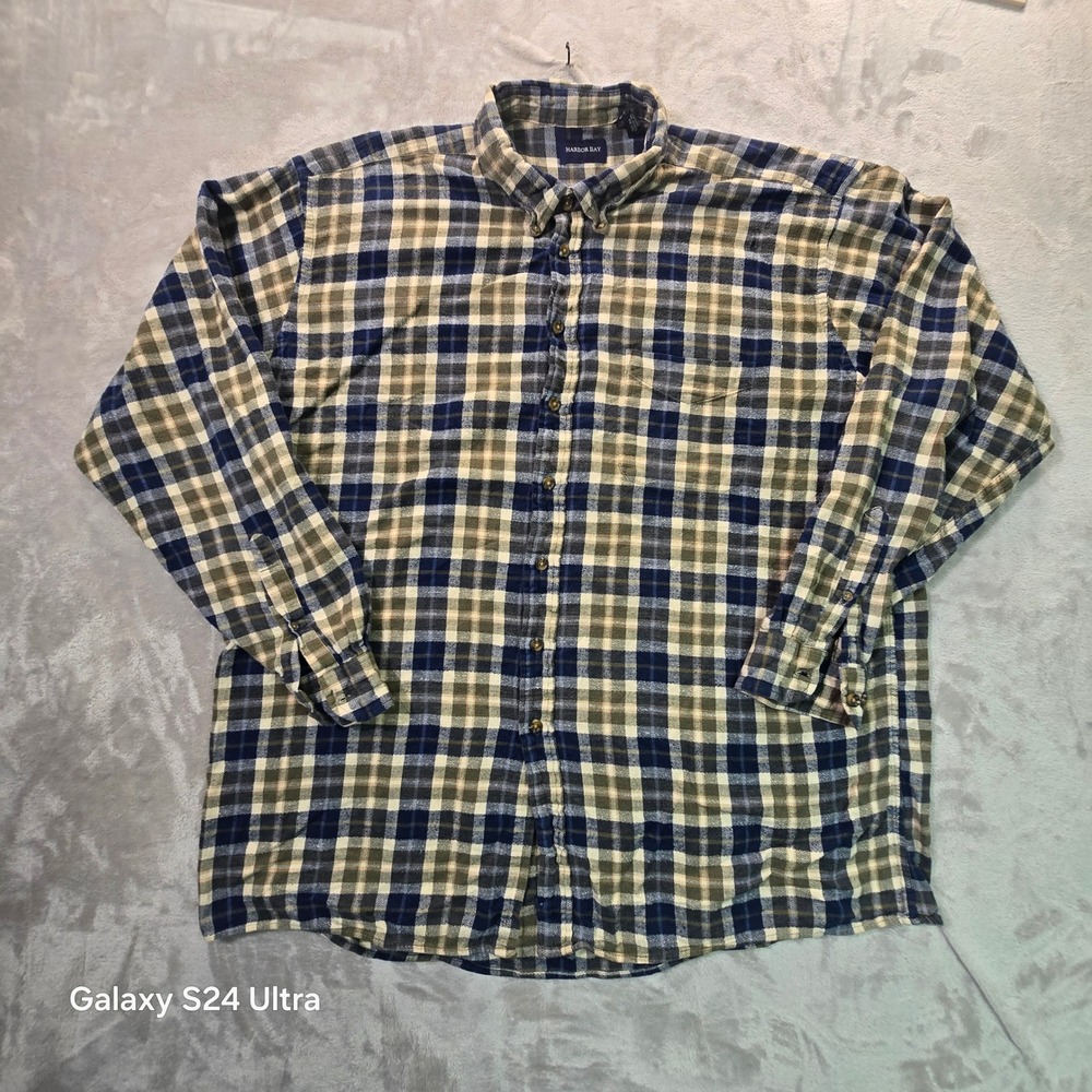 Harbor Bay Mens 3XLT Tall Blue Green Plaid Flannel Button Down Shirt 100% Cotton